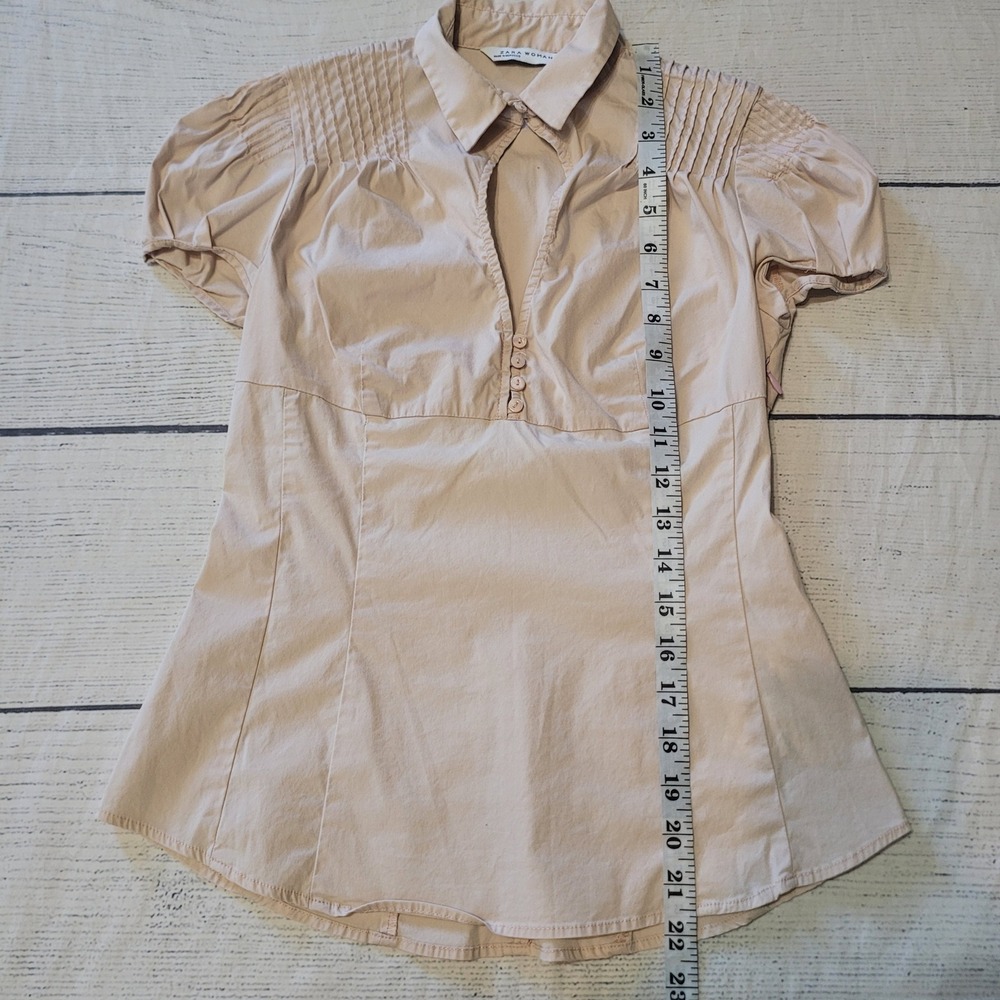 Zara Woman Women S Blouse Tan Pintuck Puff Sleeve V-Neck Side Zip Tailored Top - Picture 6 of 7